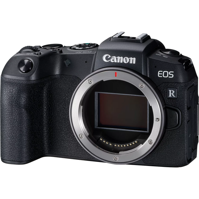 Canon EOS RP, black, front angled view, body only, sensor exposed