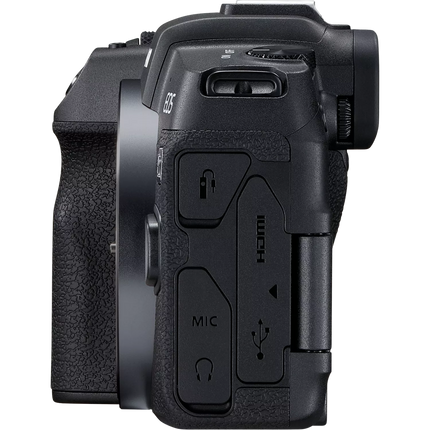 Canon EOS RP, black, left side view showing port covers and HDMI/MIC connections