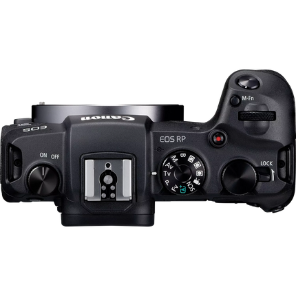 Canon EOS RP, black, top view showing mode dial and hot shoe