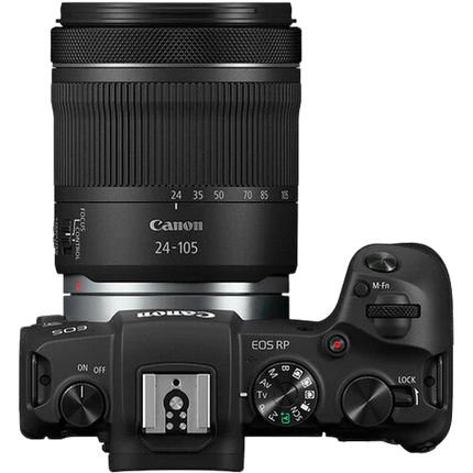 Canon EOS RP with RF 24-105mm f/4-7.1 lens, black, top view