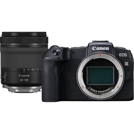Canon EOS RP with RF 24-105mm f/4-7.1 lens, black, front angled view