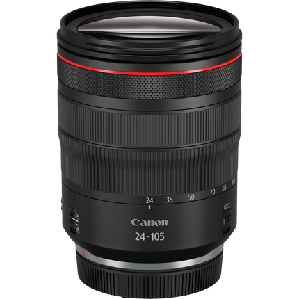 Canon RF 24-105mm f/4L IS USM lens, black with red ring, front view