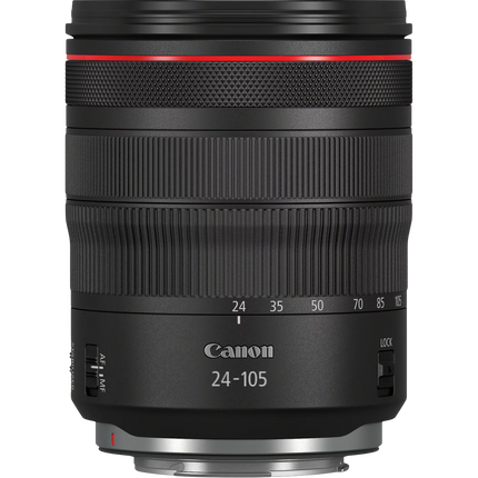 Canon RF 24-105mm f/4L IS USM lens, black with red ring, front angled view