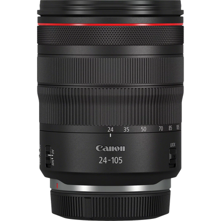 Canon RF 24-105mm f/4L IS USM lens, black with red ring, side view standalone