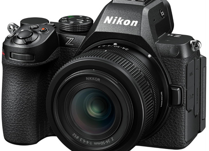 Nikon Z5 II Full-Frame Mirrorless Camera, black, angled front view with 24-50mm lens