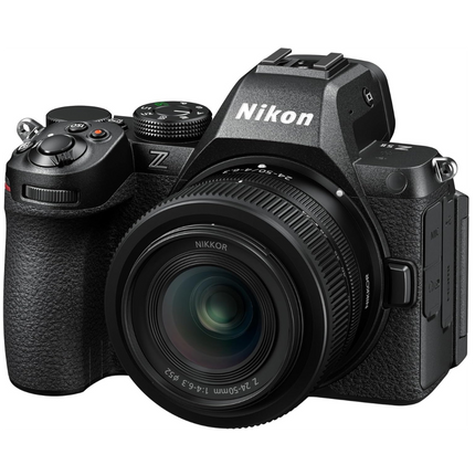 Nikon Z5 II Full-Frame Mirrorless Camera, black, angled front view with 24-50mm lens