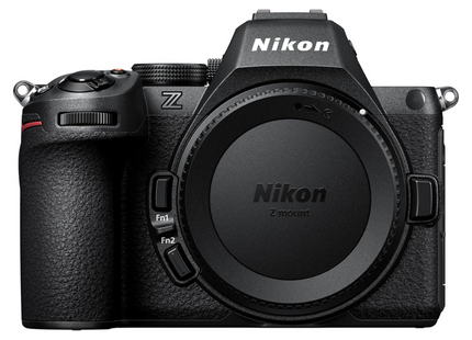 Nikon Z5 II Full-Frame Mirrorless Camera, black, front view body only with cap