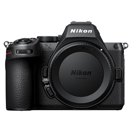 Nikon Z5 II Full-Frame Mirrorless Camera, black, front view body only with cap