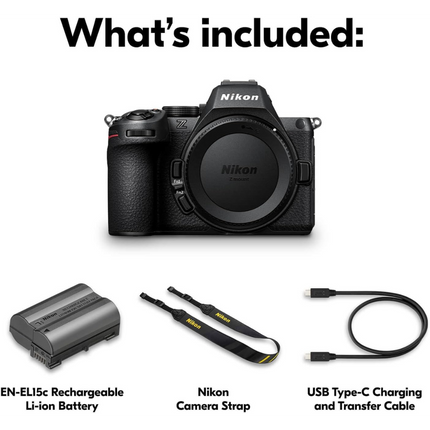 Nikon Z5 II Full-Frame Mirrorless Camera, black, infographic box contents card