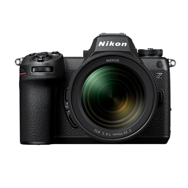 Nikon Z6 III Mirrorless Camera, black, front angled view with zoom lens attached