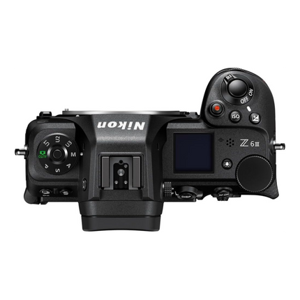 Nikon Z6 III Mirrorless Camera Body, black, top view showing dials and controls