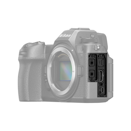 Nikon Z6 III Mirrorless Camera Body, silver/grey, left side view showing ports open