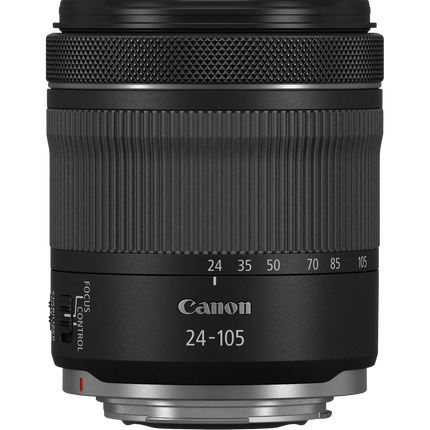 Canon RF 24-105mm f/4-7.1 IS STM lens, black, front view standalone