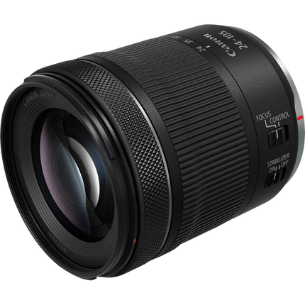 Canon RF 24-105mm f/4-7.1 IS STM lens, black, front angled view standalone