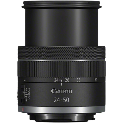 Canon RF 24-50mm f/4.5-6.3 IS STM lens, black, front view standalone