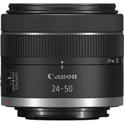 Canon RF 24-50mm f/4.5-6.3 IS STM lens, black, side view standalone