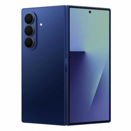 Samsung Galaxy Z Fold7, navy blue, front and back angled view, folded closed