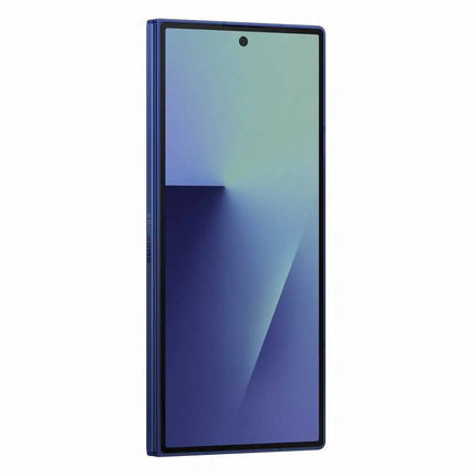Samsung Galaxy Z Fold7, navy blue, side angled view, folded closed
