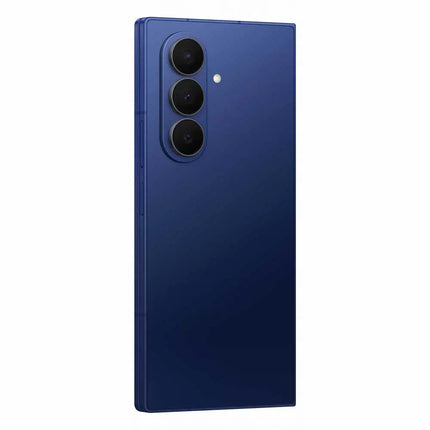 Samsung Galaxy Z Fold7, navy blue, back angled view, folded closed
