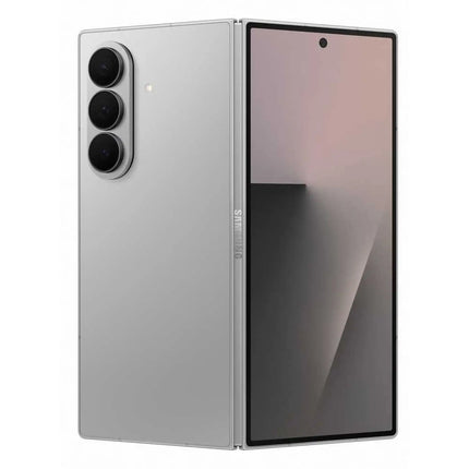 Samsung Galaxy Z Fold7, silver/light grey, rear view, partially unfolded open