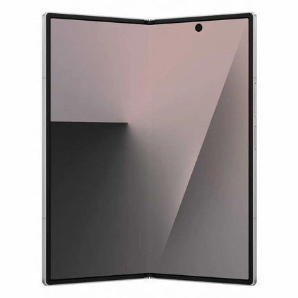 Samsung Galaxy Z Fold7, silver/light grey, rear angled view, unfolded open