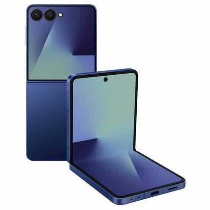 Samsung Galaxy Z Flip7, navy blue, front open and closed dual view