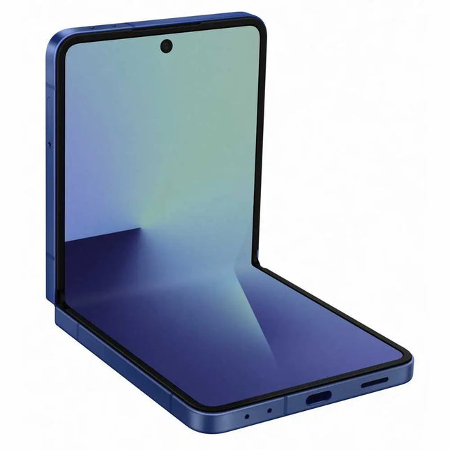 Samsung Galaxy Z Flip7, navy blue, open unfolded view showing main display