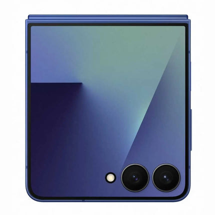 Samsung Galaxy Z Flip7, navy blue, open unfolded view showing rear camera