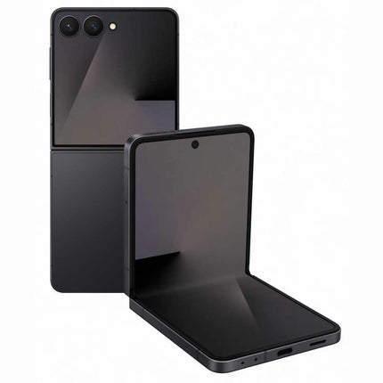 Samsung Galaxy Z Flip7, black, front and angled open pair view