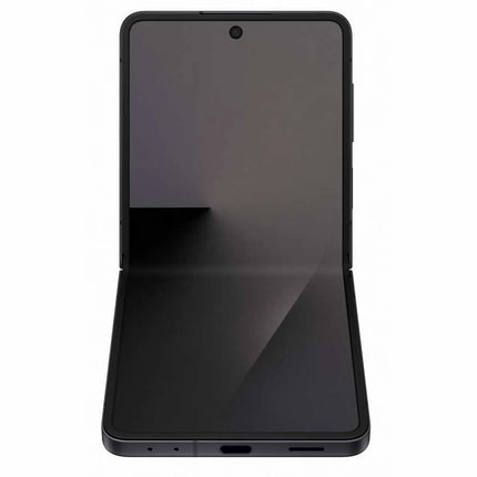 Samsung Galaxy Z Flip7, black, partially open front angled view