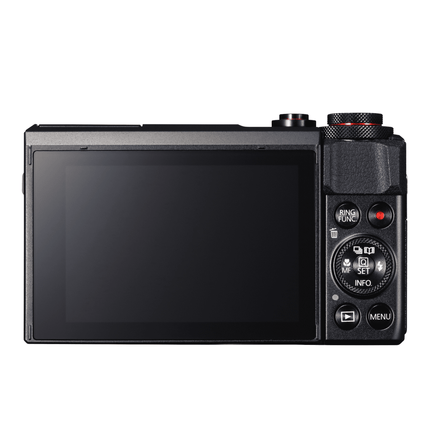 Canon PowerShot G7 X Mark II, black, rear view showing tilting LCD screen and buttons
