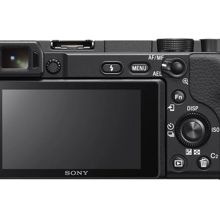 Sony Alpha 6400K, black, rear angled view showing tilting screen