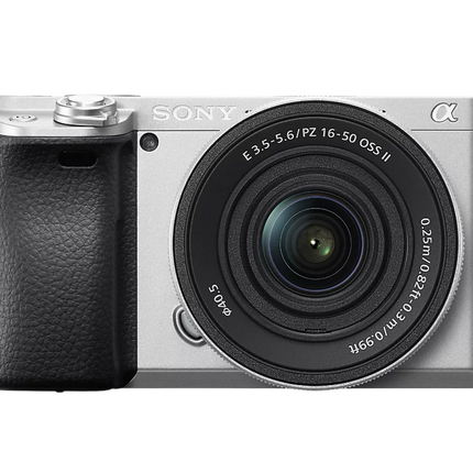 Sony Alpha 6400K, silver, front view with 16-50mm lens