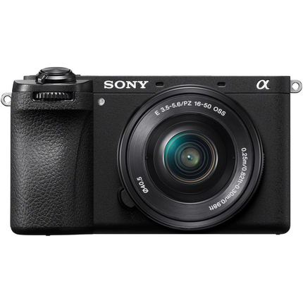 Sony Alpha 6700 APS-C Mirrorless Camera, black, angled top view with 16-50mm lens