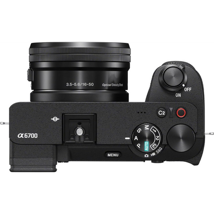 Sony Alpha 6700 APS-C Mirrorless Camera, black, angled front view with 16-50mm lens