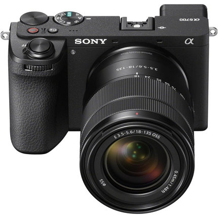 Sony Alpha 6700 APS-C Mirrorless Camera, black, angled front view with 18-135mm lens
