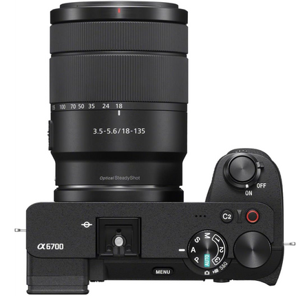 Sony Alpha 6700 APS-C Mirrorless Camera, black, top view with 18-135mm lens