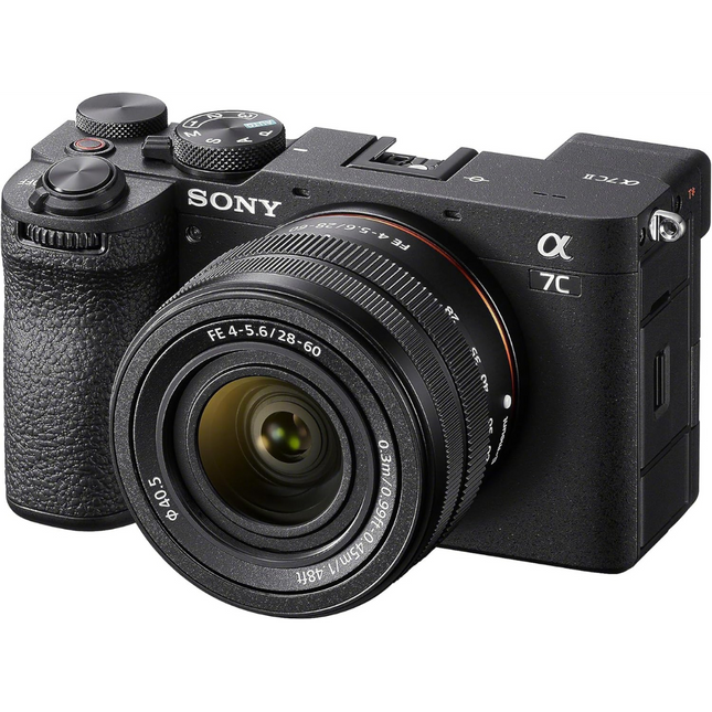Sony Alpha 7C II Full-Frame Mirrorless Camera, black, angled front view with 28-60mm lens