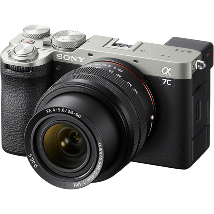 Sony Alpha 7C II Full-Frame Mirrorless Camera, silver, angled front view with 28-60mm lens