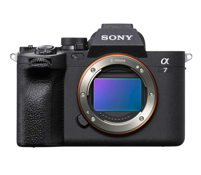 Sony Alpha a7 IV, black, front view, body only, sensor exposed