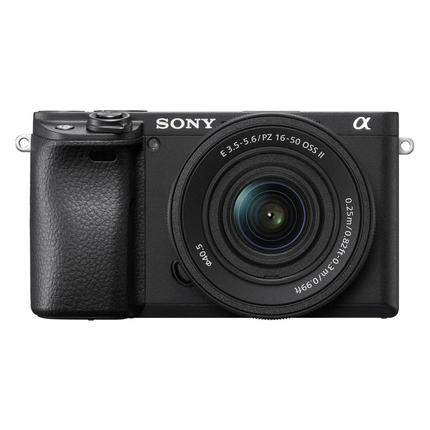 Sony Alpha 6400K, black, front view with 16-50mm kit lens attached