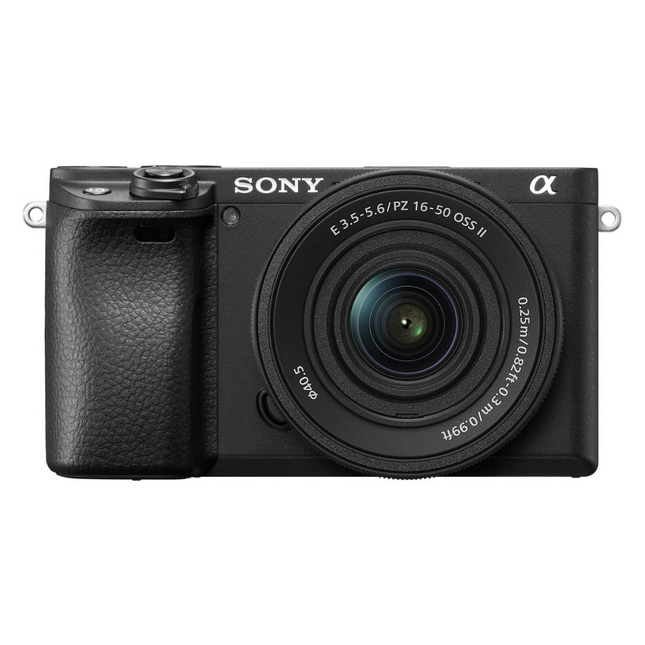 Sony Alpha 6400K, black, front view with 16-50mm kit lens attached