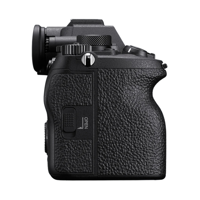 Sony Alpha a7 IV, black, rear side view showing controls and grip