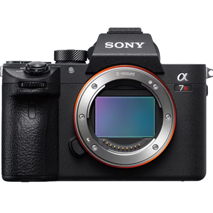 Sony Alpha 7R III, black, front view, body only, sensor exposed