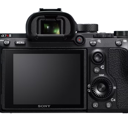 Sony Alpha 7R III, black, rear view showing tilted LCD display and controls