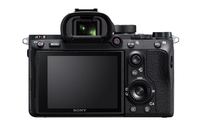 Sony Alpha 7R III, black, rear view showing tilted LCD display and controls