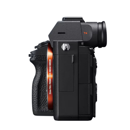 Sony Alpha 7R III, black, right side view showing orange accent and card slot