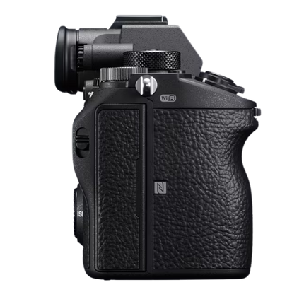 Sony Alpha 7R III, black, left side view showing port covers and NFC label