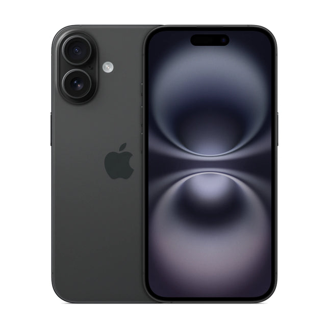Apple iPhone 16 in Black, front and rear view showing 6.1-inch display and vertical dual-camera