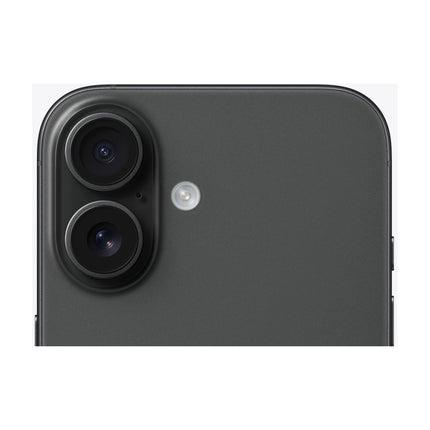 Apple iPhone 16 in Black, rear close-up of vertical dual-camera system
